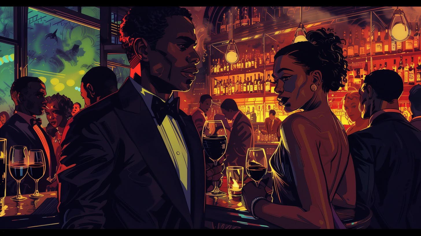 An illustrated evening crowd gathered around a glowing bar